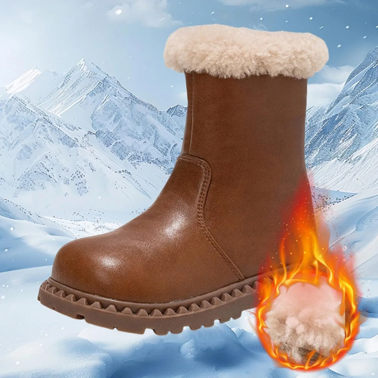 Kids Girls Faux Fr Leather Boots, Warm Winter Flat Bottom Non-Slip Fuzzy Mid Calf Snow Boots for Boots High for Girls