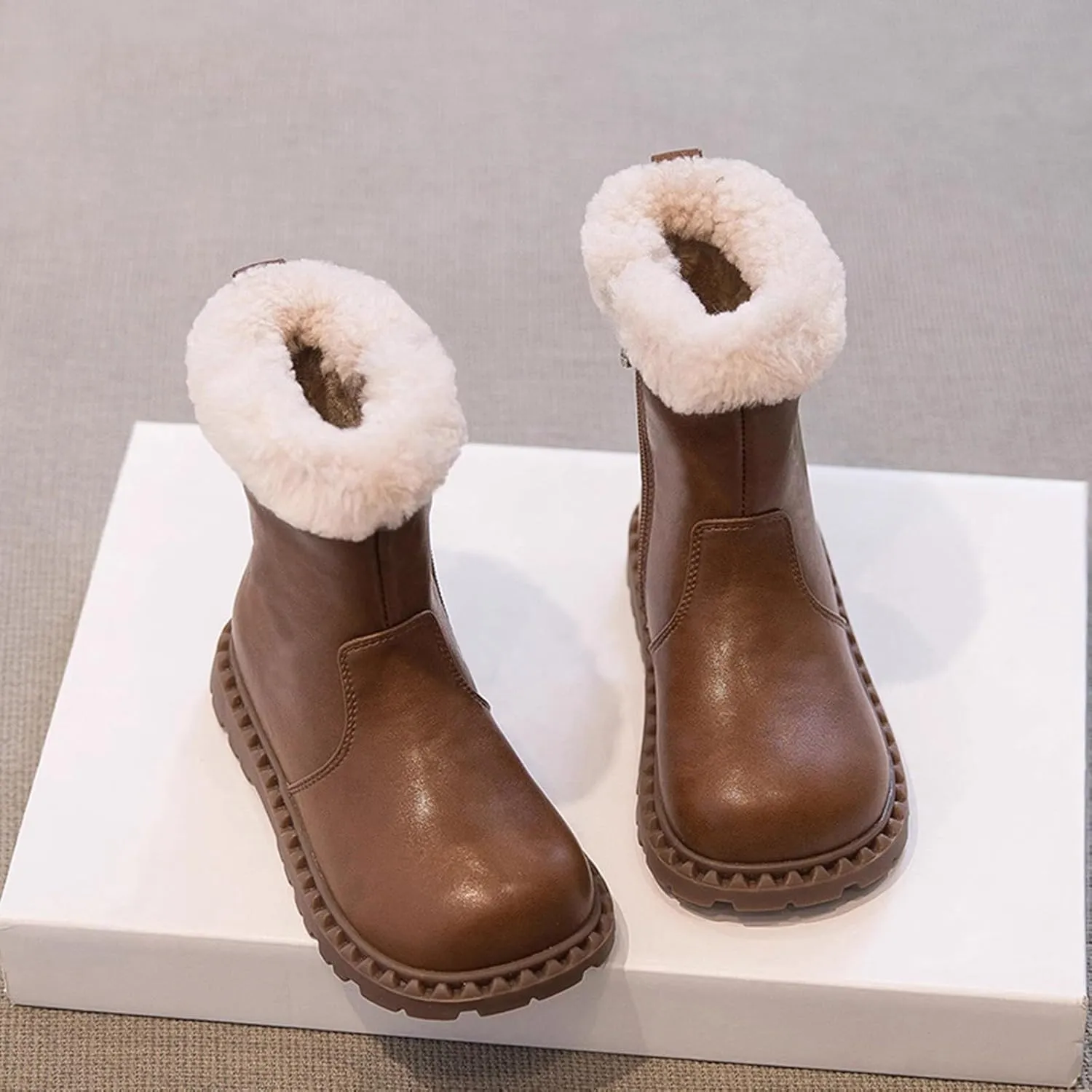 Kids Girls Faux Fr Leather Boots, Warm Winter Flat Bottom Non-Slip Fuzzy Mid Calf Snow Boots for Boots High for Girls