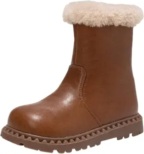 Kids Girls Faux Fr Leather Boots, Warm Winter Flat Bottom Non-Slip Fuzzy Mid Calf Snow Boots for Boots High for Girls