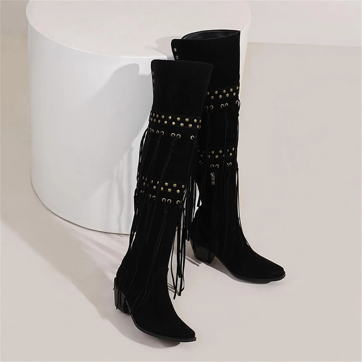 KISSASA Fringe Thigh Thigh Heeled Boots Suede Stacked Chunky Over The Knee High Heel Boots