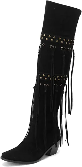 KISSASA Fringe Thigh Thigh Heeled Boots Suede Stacked Chunky Over The Knee High Heel Boots
