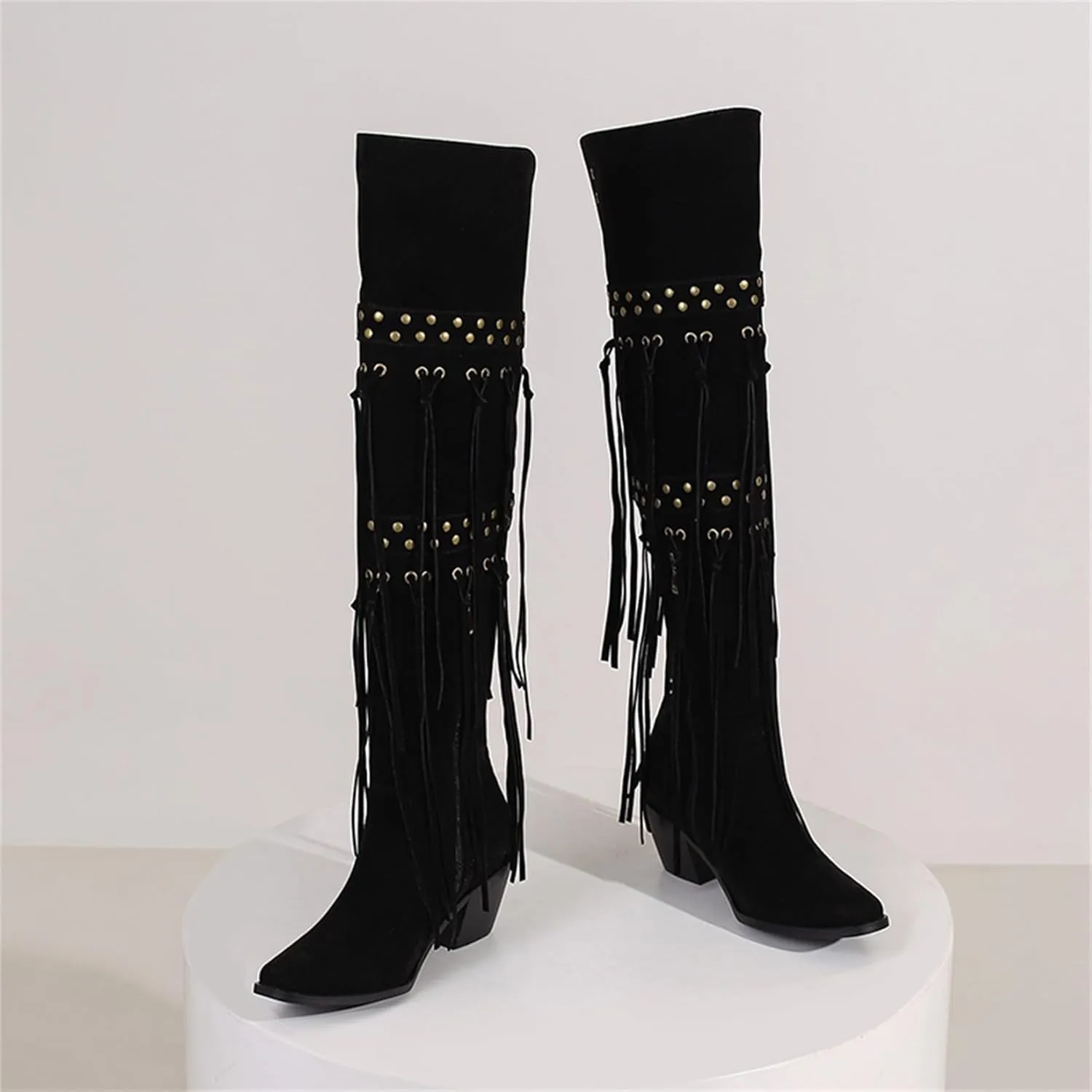 KISSASA Fringe Thigh Thigh Heeled Boots Suede Stacked Chunky Over The Knee High Heel Boots