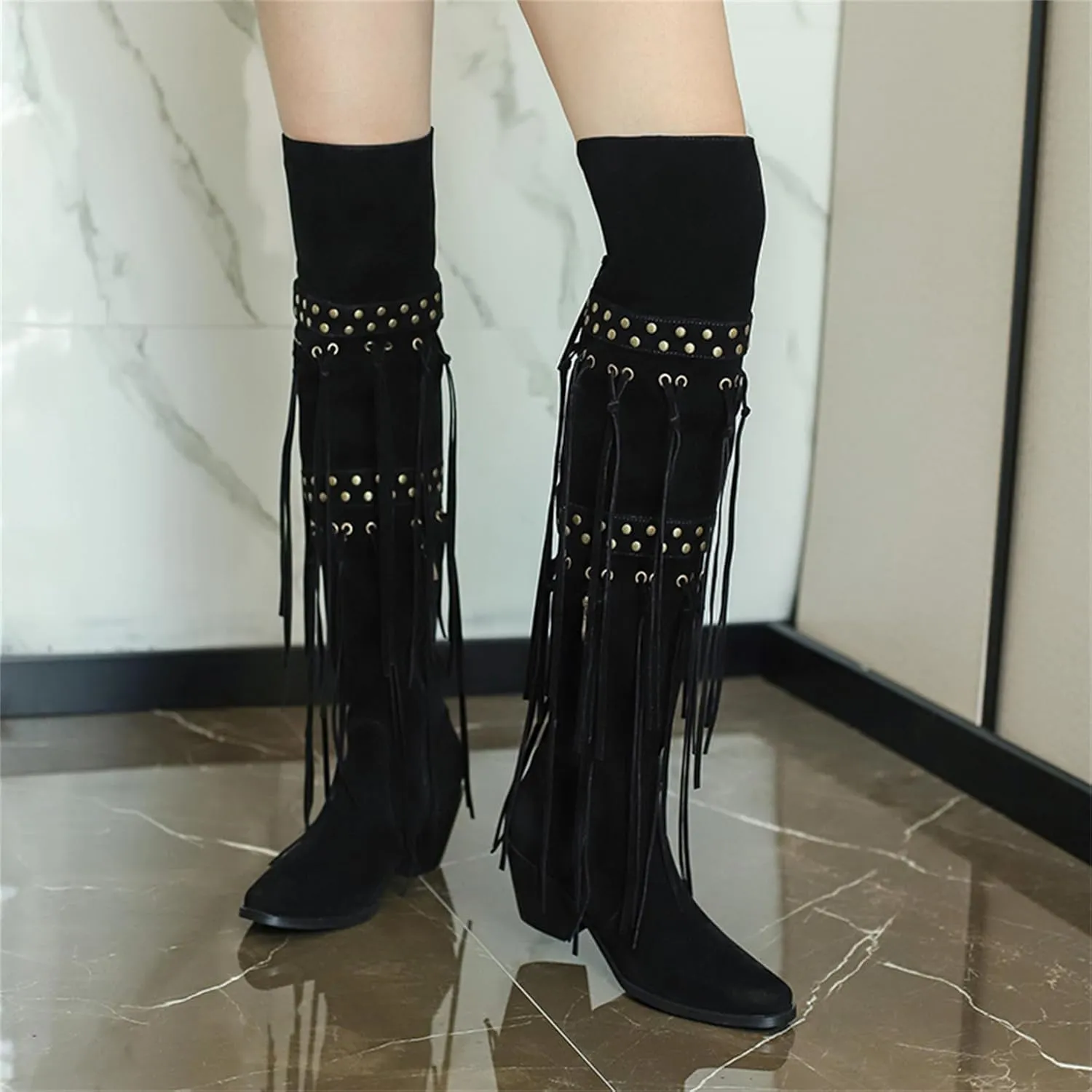 KISSASA Fringe Thigh Thigh Heeled Boots Suede Stacked Chunky Over The Knee High Heel Boots