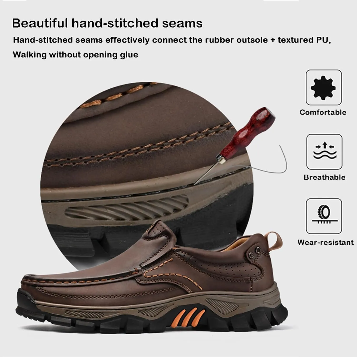 Men's Leather Slip On Loafers Shoes Non Slip Lightweight Comfortable Business Casual Comfortable Wide Width Working Shoes for Outdoor Hiking
