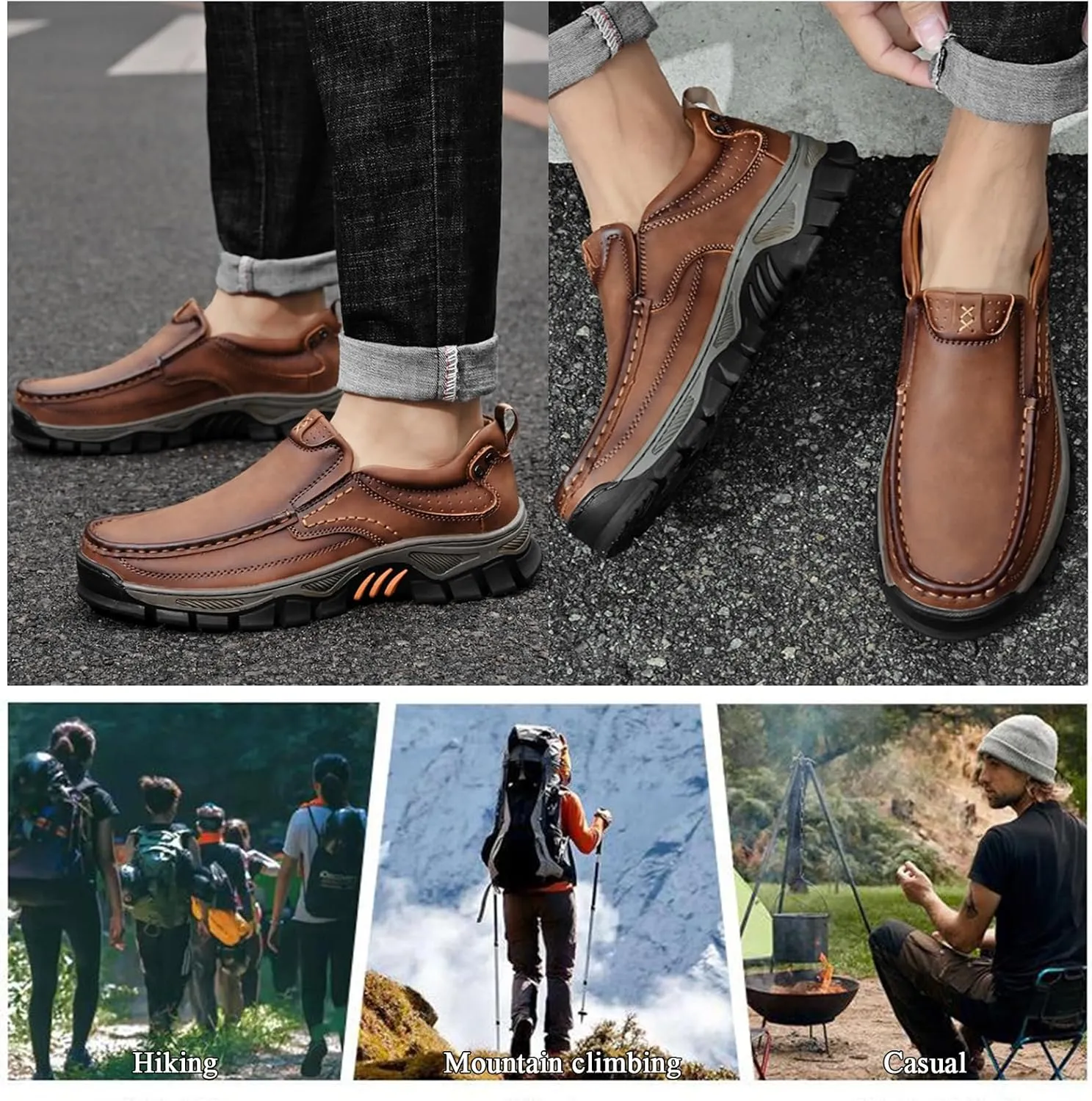 Men's Leather Slip On Loafers Shoes Non Slip Lightweight Comfortable Business Casual Comfortable Wide Width Working Shoes for Outdoor Hiking