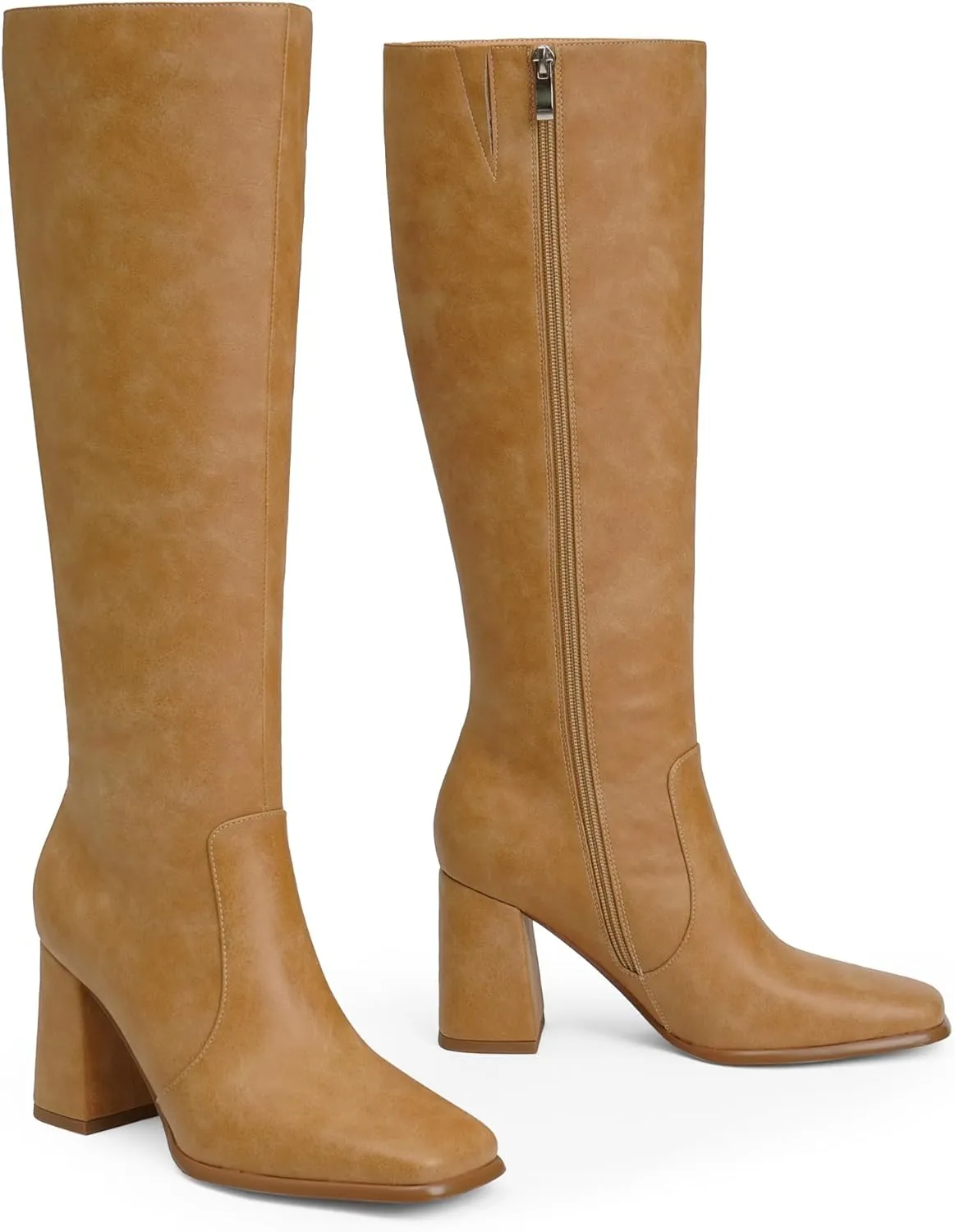 Modatope Knee High Boots Women Chunky Heel Square Toe Tall Boots for Women High Heel Side Zipper Long Boots