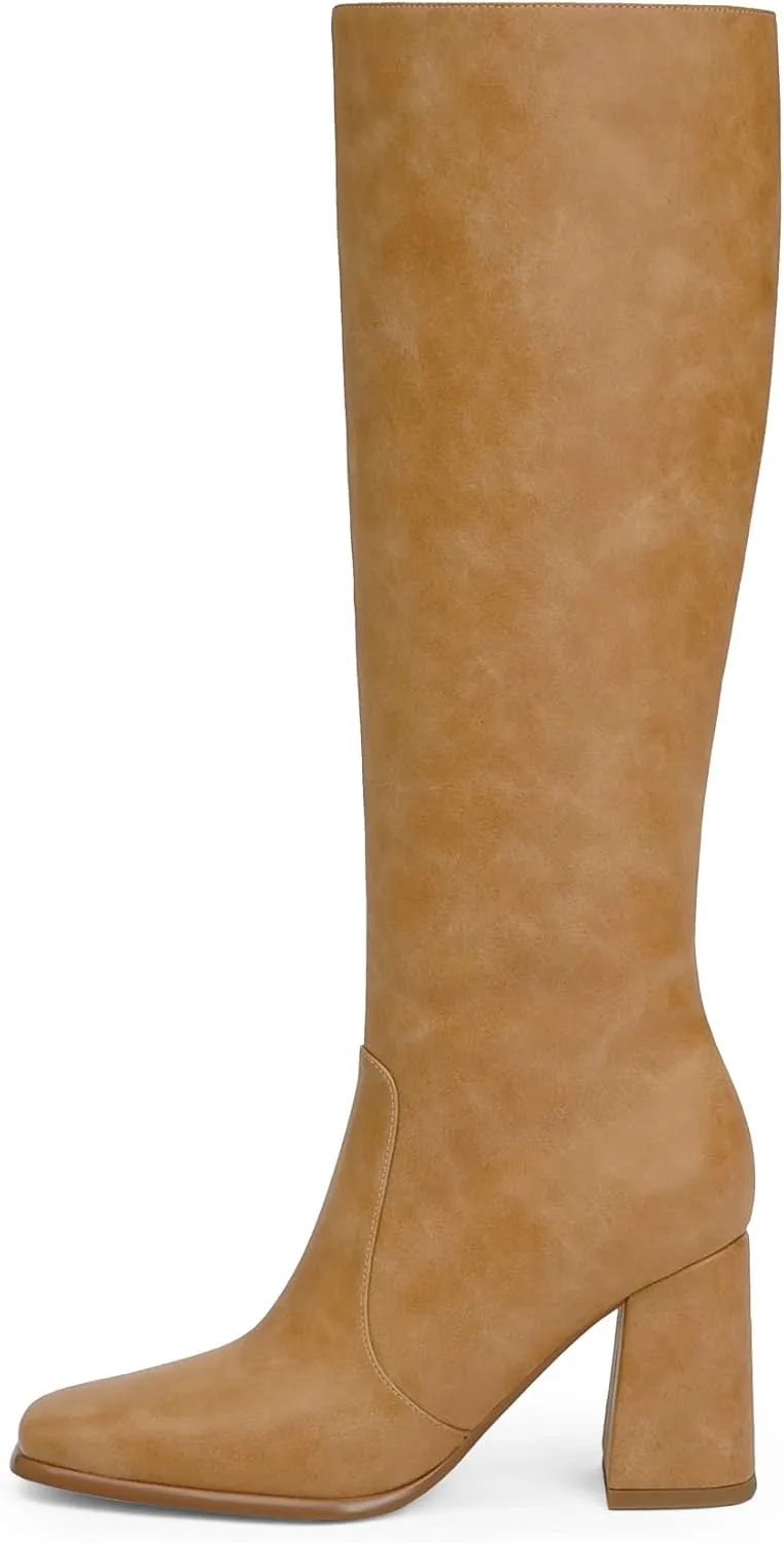 Modatope Knee High Boots Women Chunky Heel Square Toe Tall Boots for Women High Heel Side Zipper Long Boots
