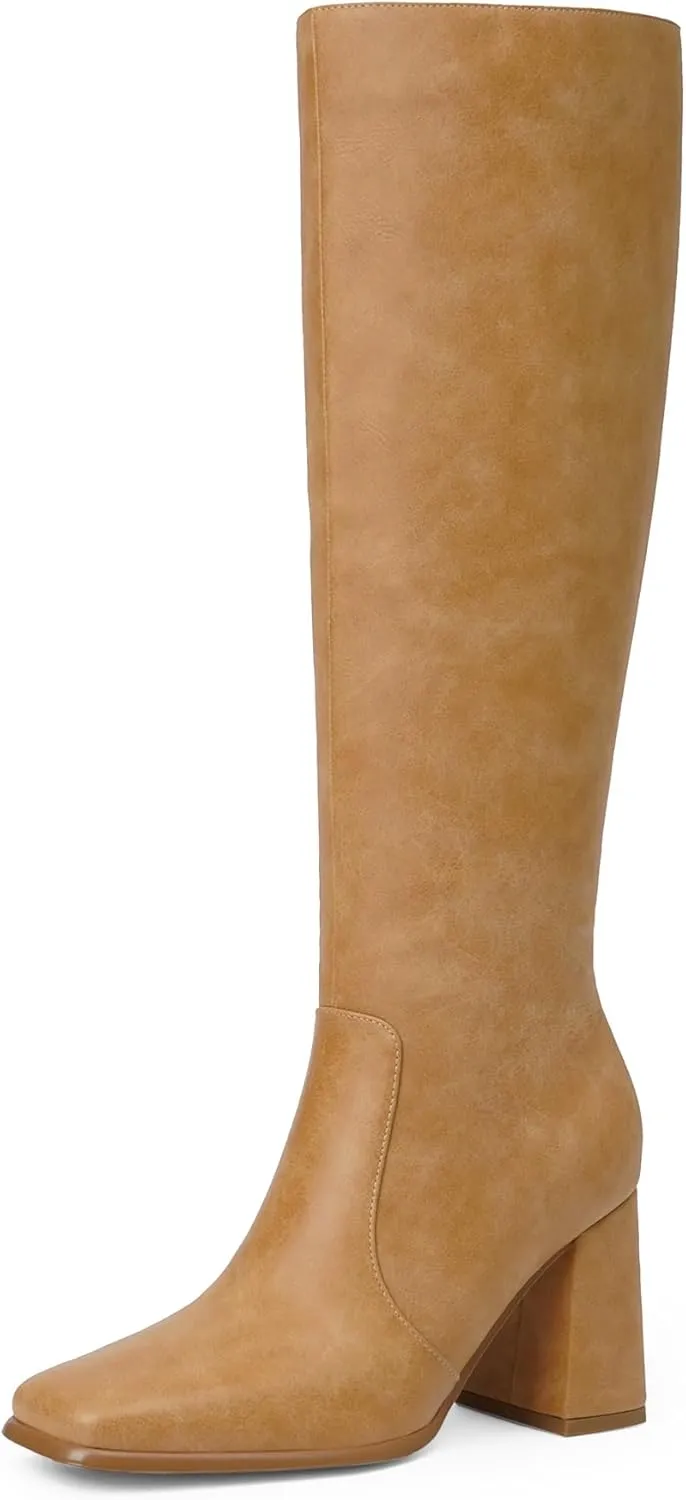 Modatope Knee High Boots Women Chunky Heel Square Toe Tall Boots for Women High Heel Side Zipper Long Boots