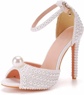 Modern Fashionable Pearls Heeled Sandals Women Wedding Party Dress Shoes Strappy Open Toe Stiletto High Heels