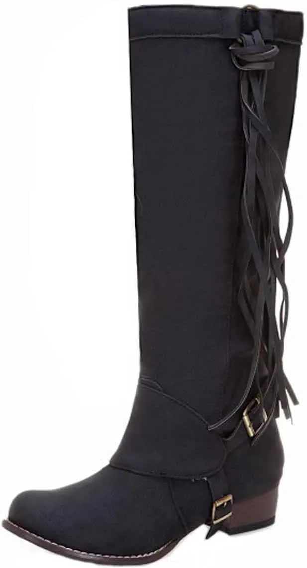 oiangi Boots for Women Knee High - Fashion Buckle Strap Fringed Chunky Low Heel Round Toe High Riding Boots Solid Casual Comfortable Square Heel Shoes