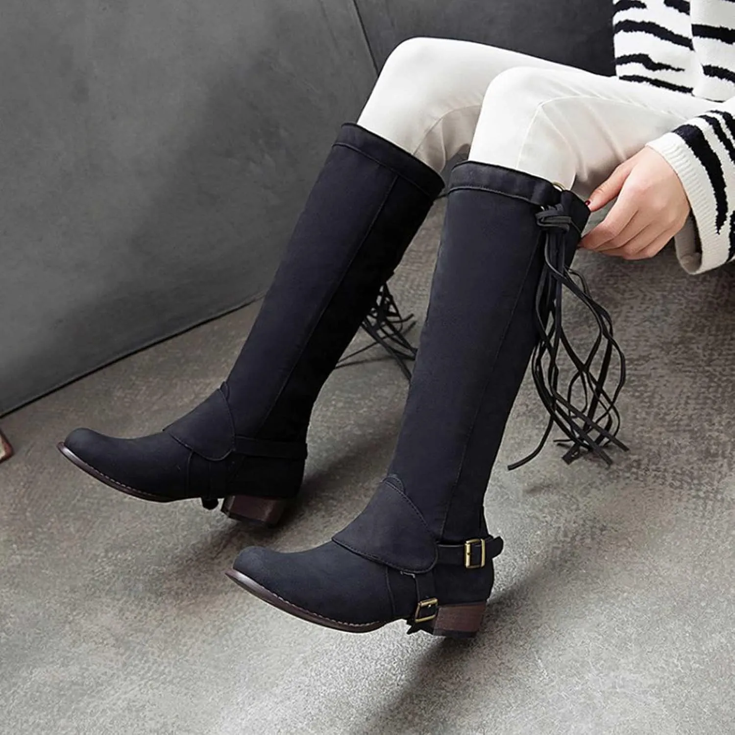 oiangi Boots for Women Knee High - Fashion Buckle Strap Fringed Chunky Low Heel Round Toe High Riding Boots Solid Casual Comfortable Square Heel Shoes