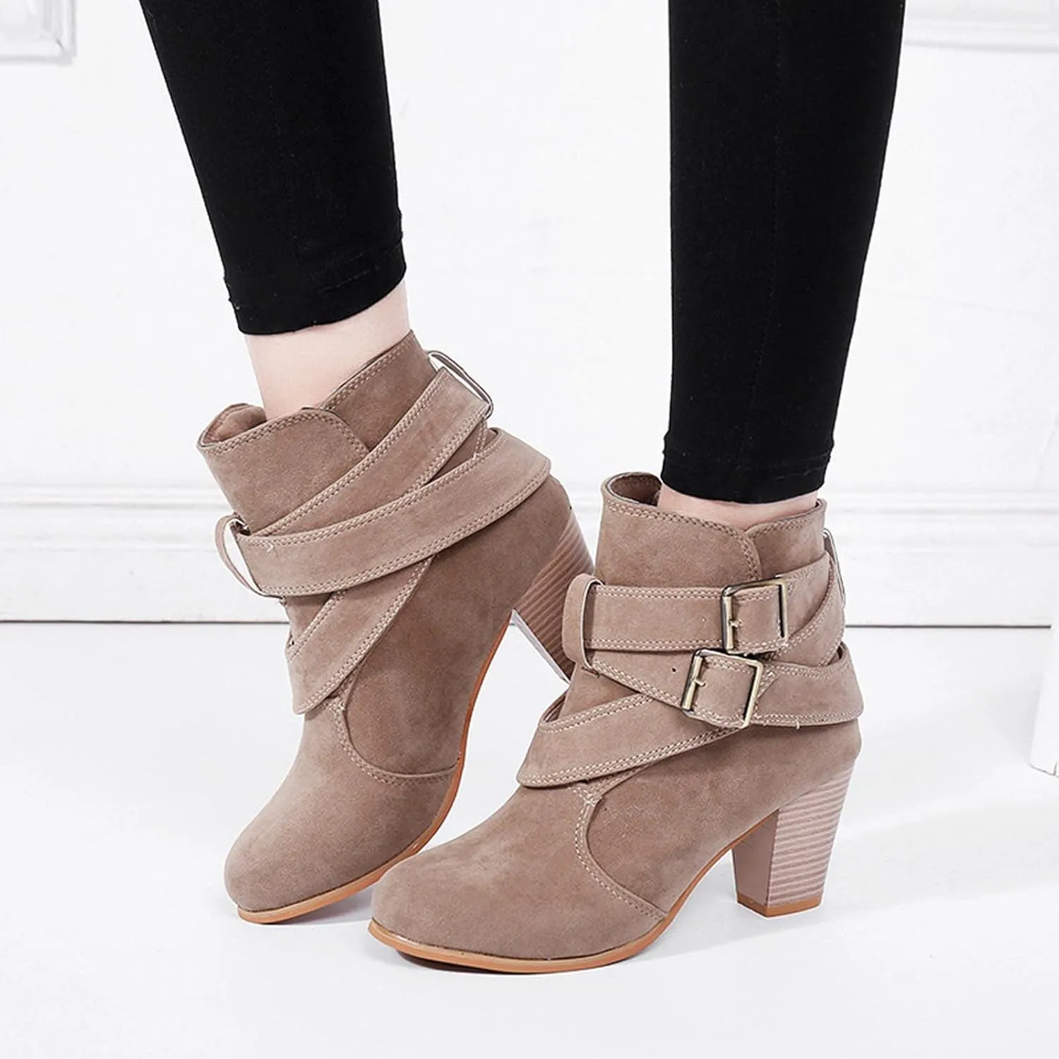 oiangi Womens Chunky Heel Ankle Booties Fashion Casual Round Toe Cross Double Belt Buckle Block Stacked High Heel Boots Solid Comfy Thick Heel Shoes