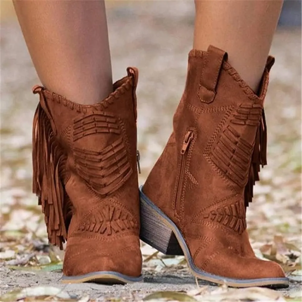 OMEARK Ladies Tassel Ankle Boots, Vintage Chunky Block Heel Western Leather Short Booties, Winter Pointed Toe Retro Keep Warm Flat Heel Western Chelsea Booties Shoes