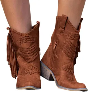 OMEARK Ladies Tassel Ankle Boots, Vintage Chunky Block Heel Western Leather Short Booties, Winter Pointed Toe Retro Keep Warm Flat Heel Western Chelsea Booties Shoes