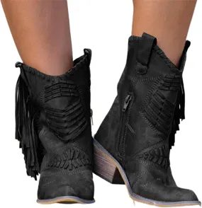OMEARK Ladies Tassel Ankle Boots, Vintage Chunky Block Heel Western Leather Short Booties, Winter Pointed Toe Retro Keep Warm Flat Heel Western Chelsea Booties Shoes