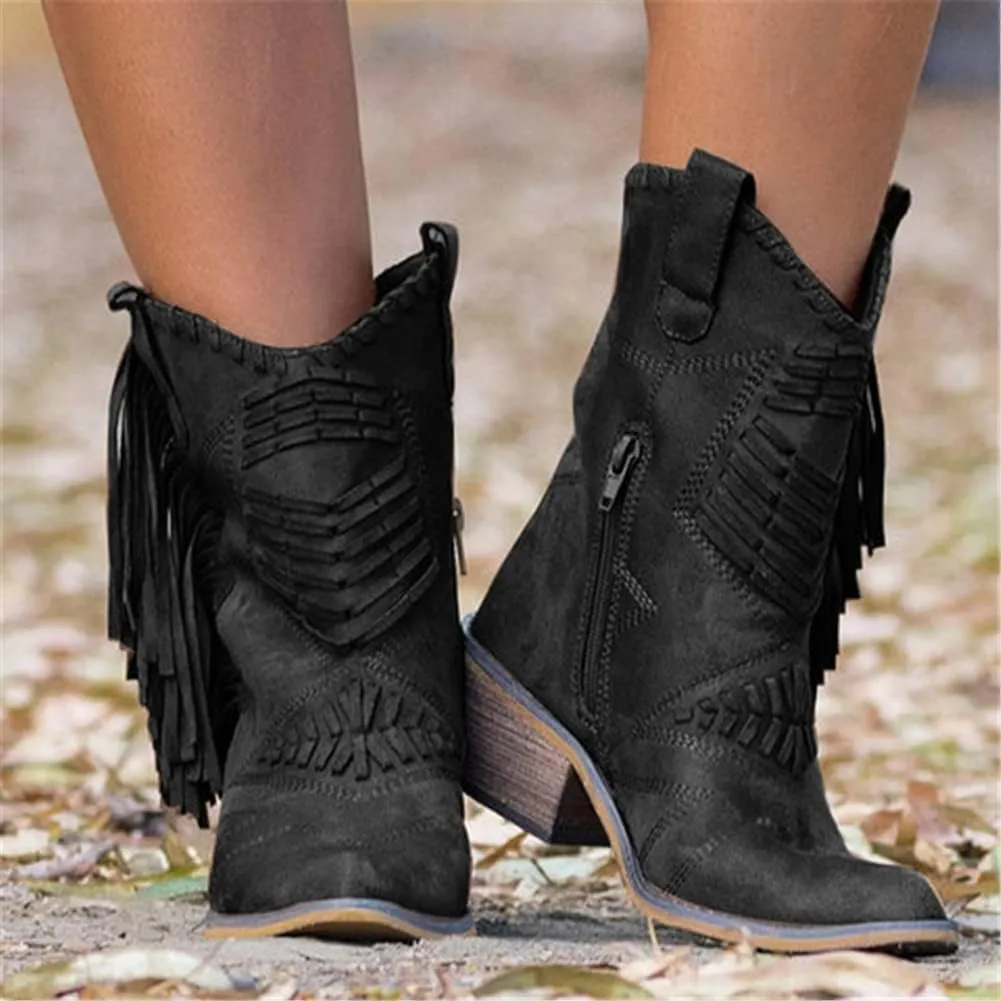 OMEARK Ladies Tassel Ankle Boots, Vintage Chunky Block Heel Western Leather Short Booties, Winter Pointed Toe Retro Keep Warm Flat Heel Western Chelsea Booties Shoes