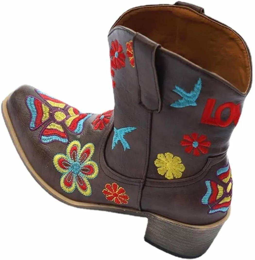 OMEARK Women's Floral Short Boots, Winter Retro Embroidery Cowboy Boots Ladies Wide Calf Snip Toe Roman Boots, Fashion Square Toe Faux PU Low Heel Western Ankle Boots