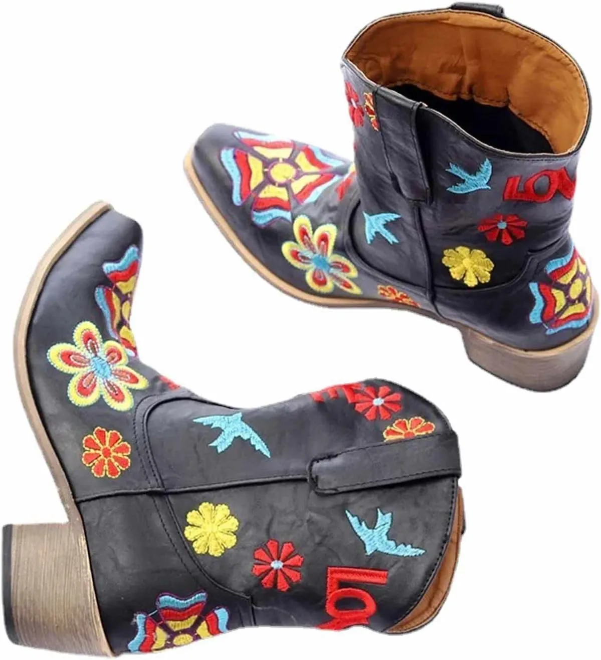 OMEARK Women's Floral Short Boots, Winter Retro Embroidery Cowboy Boots Ladies Wide Calf Snip Toe Roman Boots, Fashion Square Toe Faux PU Low Heel Western Ankle Boots