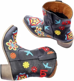OMEARK Women's Floral Short Boots, Winter Retro Embroidery Cowboy Boots Ladies Wide Calf Snip Toe Roman Boots, Fashion Square Toe Faux PU Low Heel Western Ankle Boots