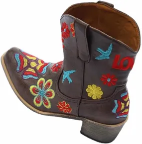 OMEARK Women's Floral Short Boots, Winter Retro Embroidery Cowboy Boots Ladies Wide Calf Snip Toe Roman Boots, Fashion Square Toe Faux PU Low Heel Western Ankle Boots