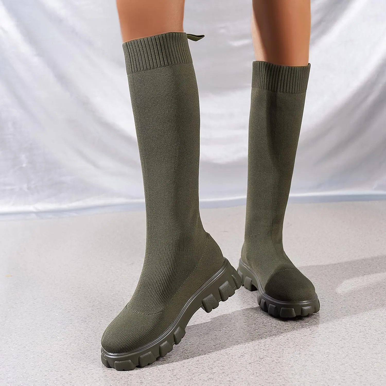 Over the Knee Boots for Women Thigh High Boots Knit Sock Boots Round Toe Mid Chunky Heel Stretch Platform Fall Boots