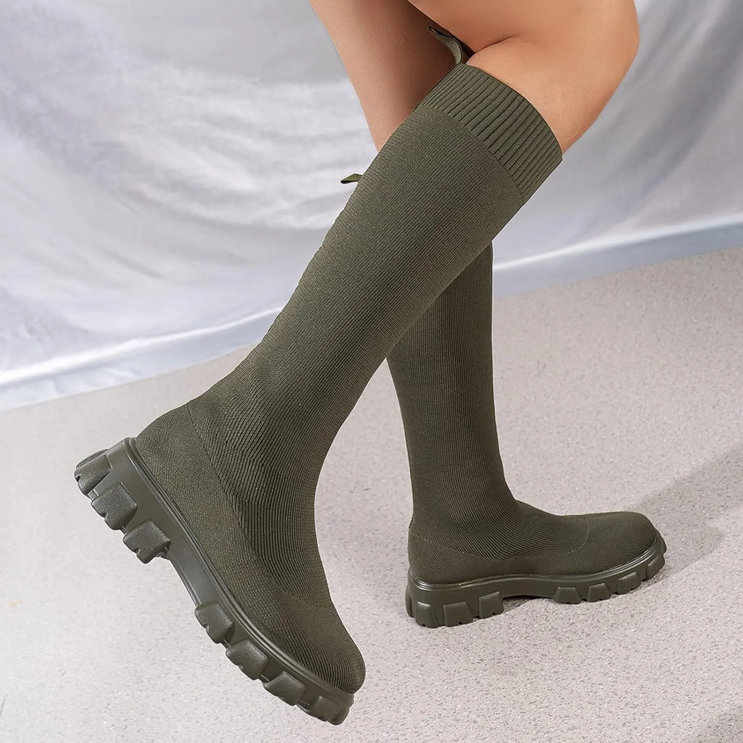 Over the Knee Boots for Women Thigh High Boots Knit Sock Boots Round Toe Mid Chunky Heel Stretch Platform Fall Boots