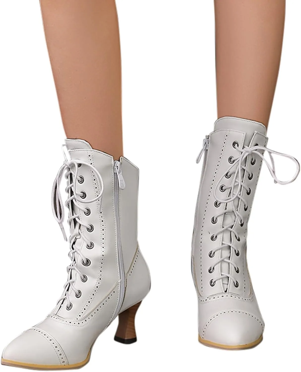 peqiut Women Mid Boots High Heeled Wood Grain Heel Side Zipper Boots Sock Boots Heels Mid Calf