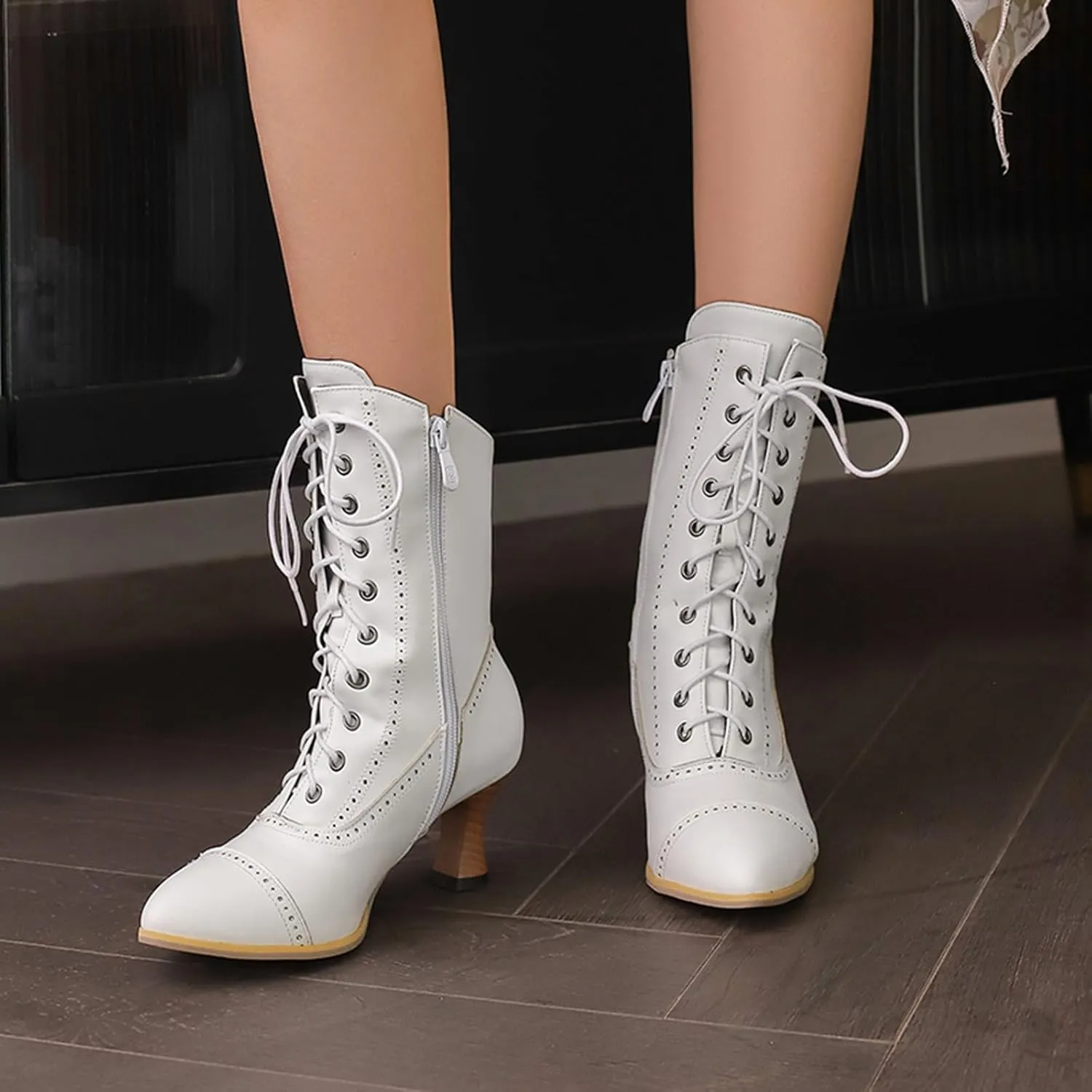 peqiut Women Mid Boots High Heeled Wood Grain Heel Side Zipper Boots Sock Boots Heels Mid Calf