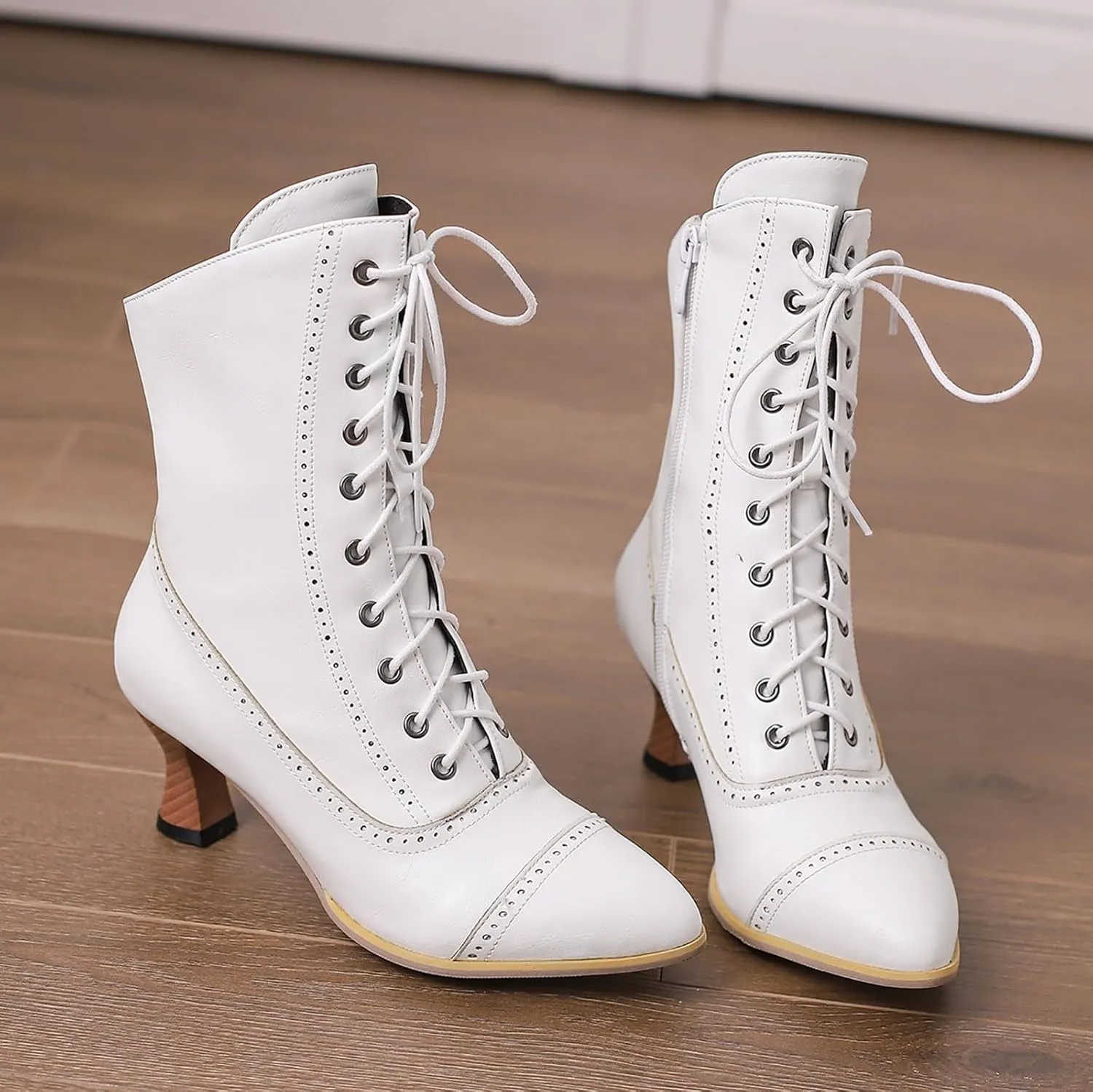 peqiut Women Mid Boots High Heeled Wood Grain Heel Side Zipper Boots Sock Boots Heels Mid Calf