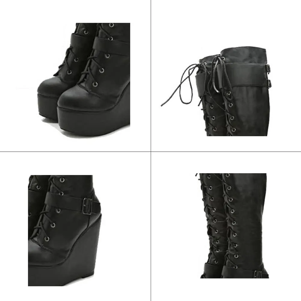 Platform Knee High Boots for Women Wedge High Heel Zipper Goth Party Evening Knight Boots