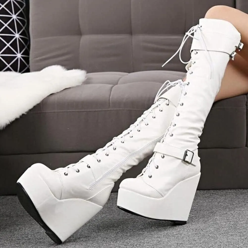 Platform Knee High Boots for Women Wedge High Heel Zipper Goth Party Evening Knight Boots
