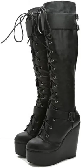 Platform Knee High Boots for Women Wedge High Heel Zipper Goth Party Evening Knight Boots