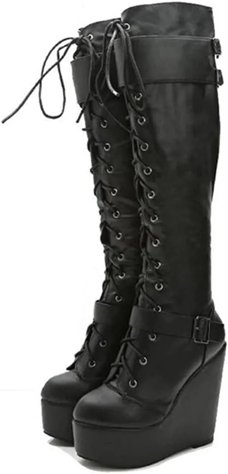 Platform Knee High Boots for Women Wedge High Heel Zipper Goth Party Evening Knight Boots