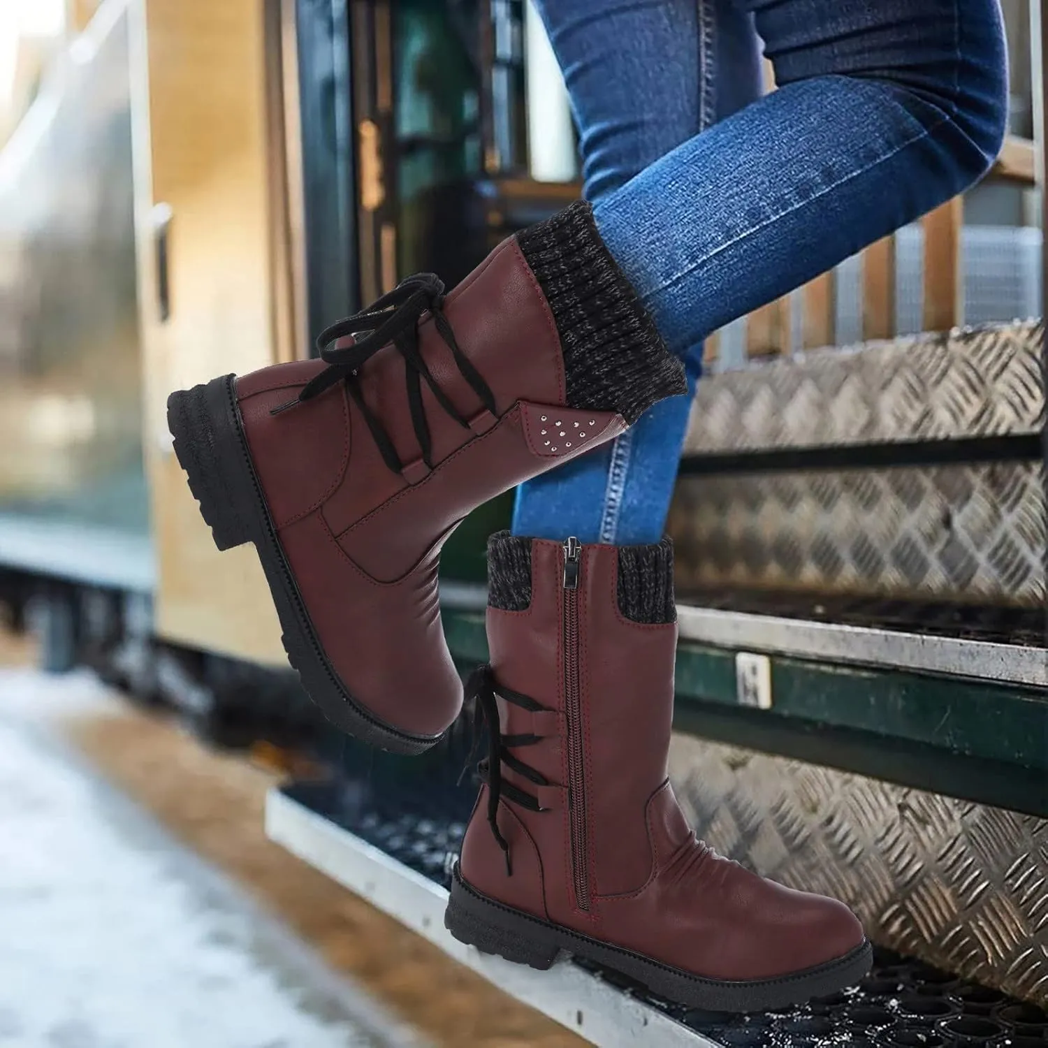 Snow Boots for Women Mid Calf Boots for Women Women Fashion Casual Vintage Retro Lace Up Thick Block Heels Shoes