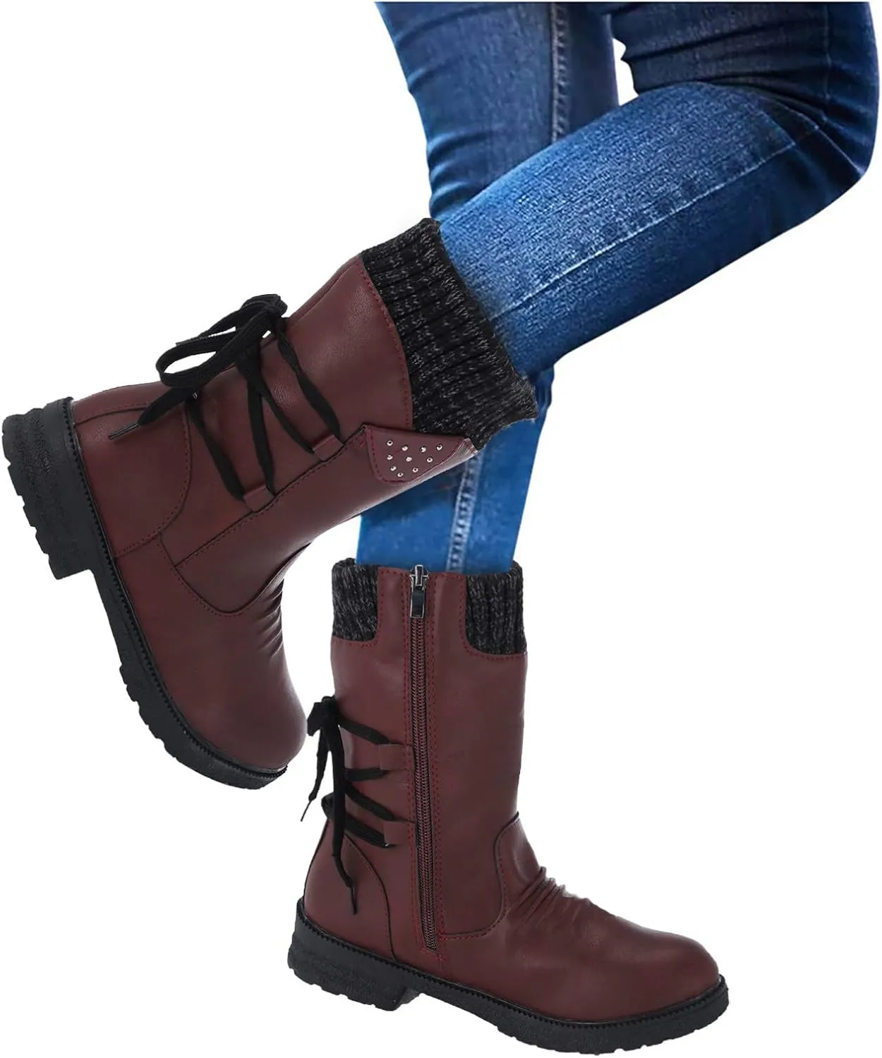 Snow Boots for Women Mid Calf Boots for Women Women Fashion Casual Vintage Retro Lace Up Thick Block Heels Shoes