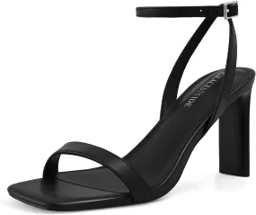 Strappy Heels for Women Block Chunky High Heels Square Toe Ankle Buckle Sandals