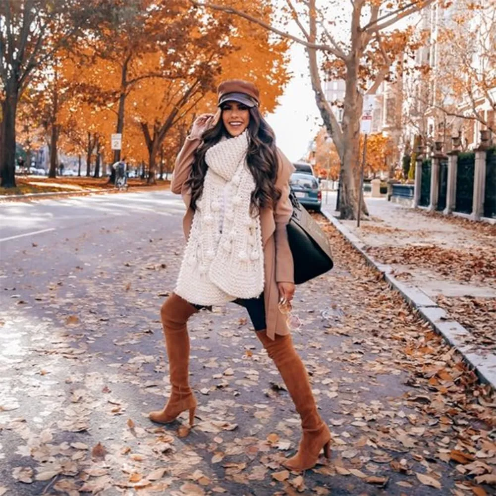 Thigh High Boots, Over The Knee, Brown Suede Block Heel Pointed Toe Stretch Sexy Boots For Women, Fall 2024