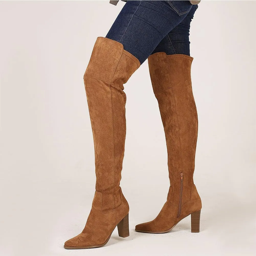Thigh High Boots, Over The Knee, Brown Suede Block Heel Pointed Toe Stretch Sexy Boots For Women, Fall 2024