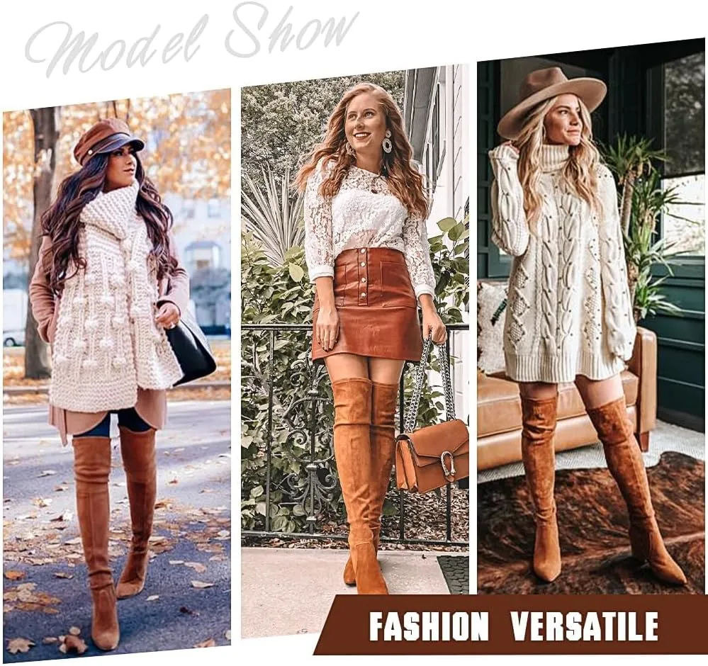 Thigh High Boots, Over The Knee, Brown Suede Block Heel Pointed Toe Stretch Sexy Boots For Women, Fall 2024