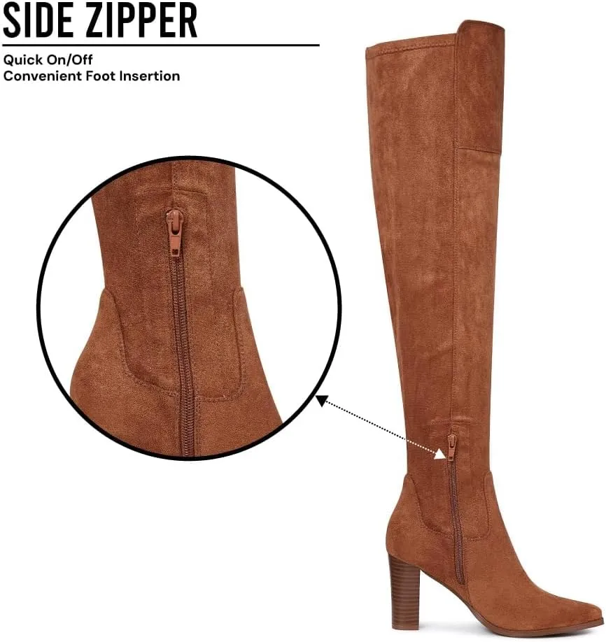 Thigh High Boots, Over The Knee, Brown Suede Block Heel Pointed Toe Stretch Sexy Boots For Women, Fall 2024