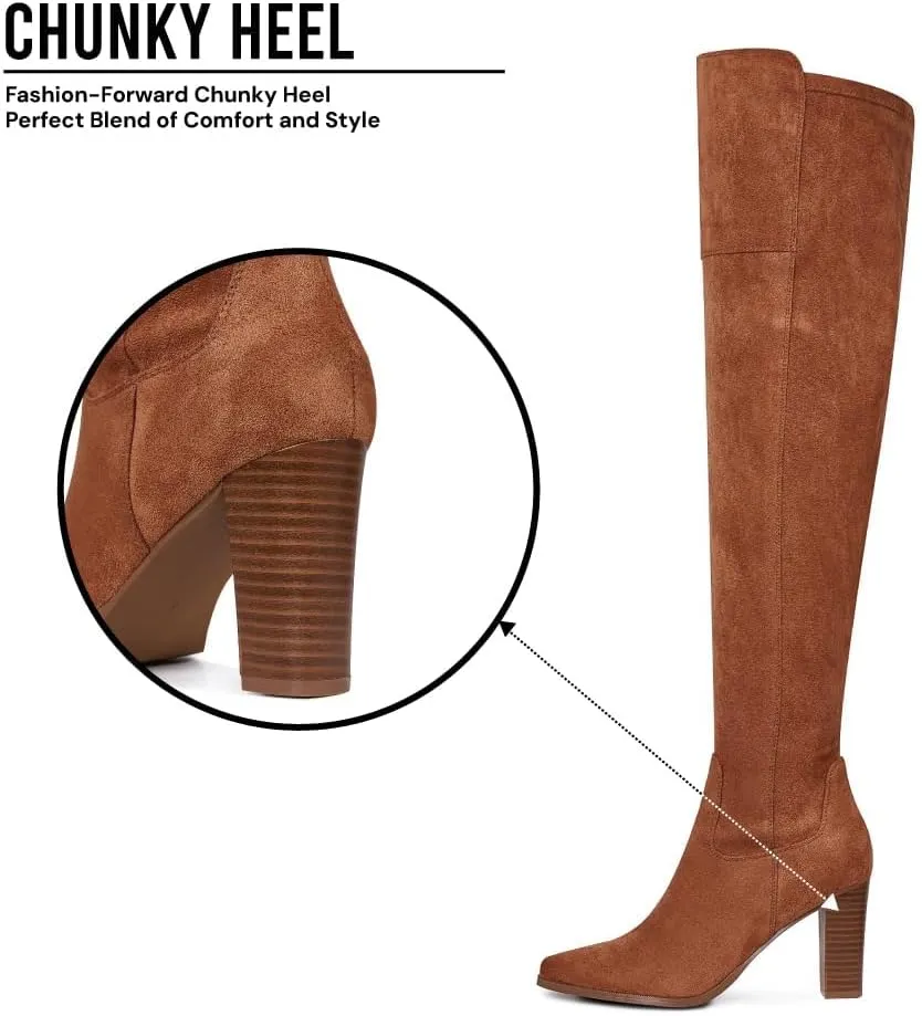 Thigh High Boots, Over The Knee, Brown Suede Block Heel Pointed Toe Stretch Sexy Boots For Women, Fall 2024