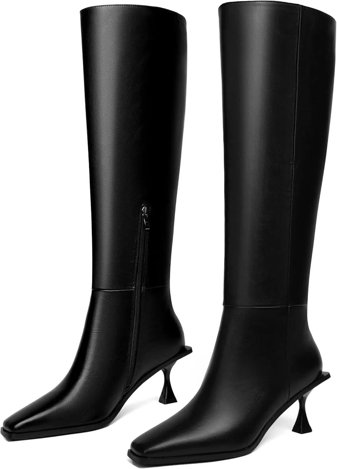 Vertundy Womens Kitten Heel Boots Square Toe Low Heel Leather Knee High Boots