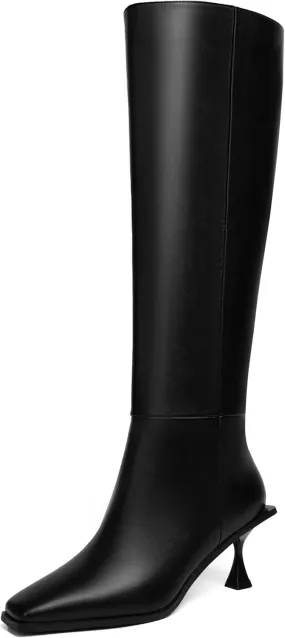 Vertundy Womens Kitten Heel Boots Square Toe Low Heel Leather Knee High Boots