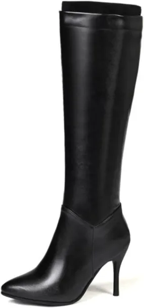 VULTRO Women's Knee High Boots PU Leather Pointed Toe Side Zipper Stiletto High Heels Dress Booties