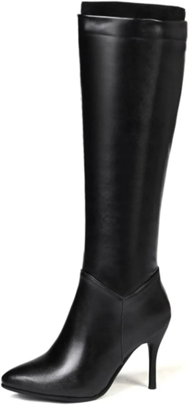 VULTRO Women's Knee High Boots PU Leather Pointed Toe Side Zipper Stiletto High Heels Dress Booties
