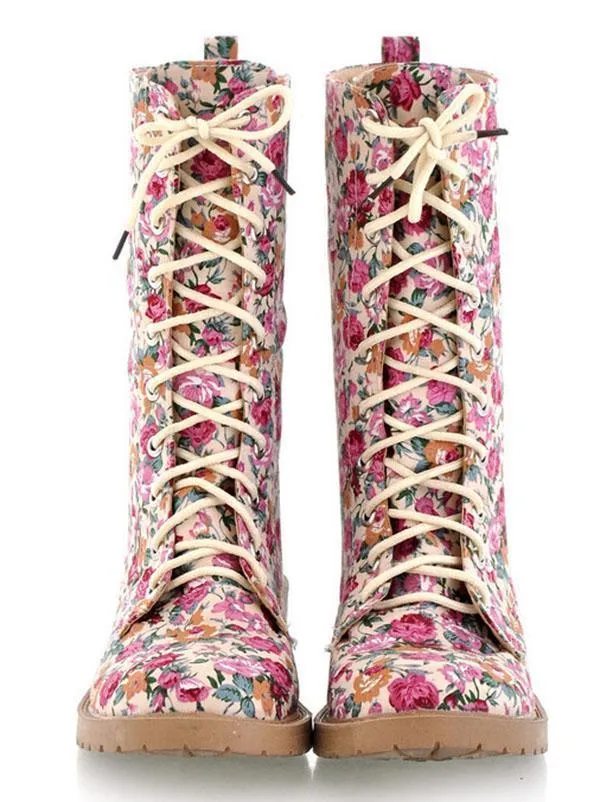 Women Floral Martin Low-heel Boots Shoes