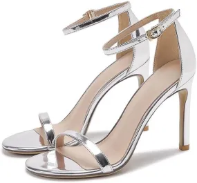 Women Luxury Open Toe Heeled Sandals Summer Silver Wedding Party Pumps Shoes Korean Style Fashionable Ankle Strappy Stiletto High Heels