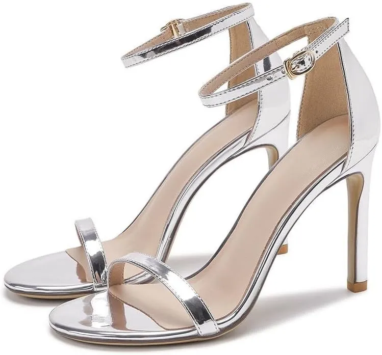 Women Luxury Open Toe Heeled Sandals Summer Silver Wedding Party Pumps Shoes Korean Style Fashionable Ankle Strappy Stiletto High Heels