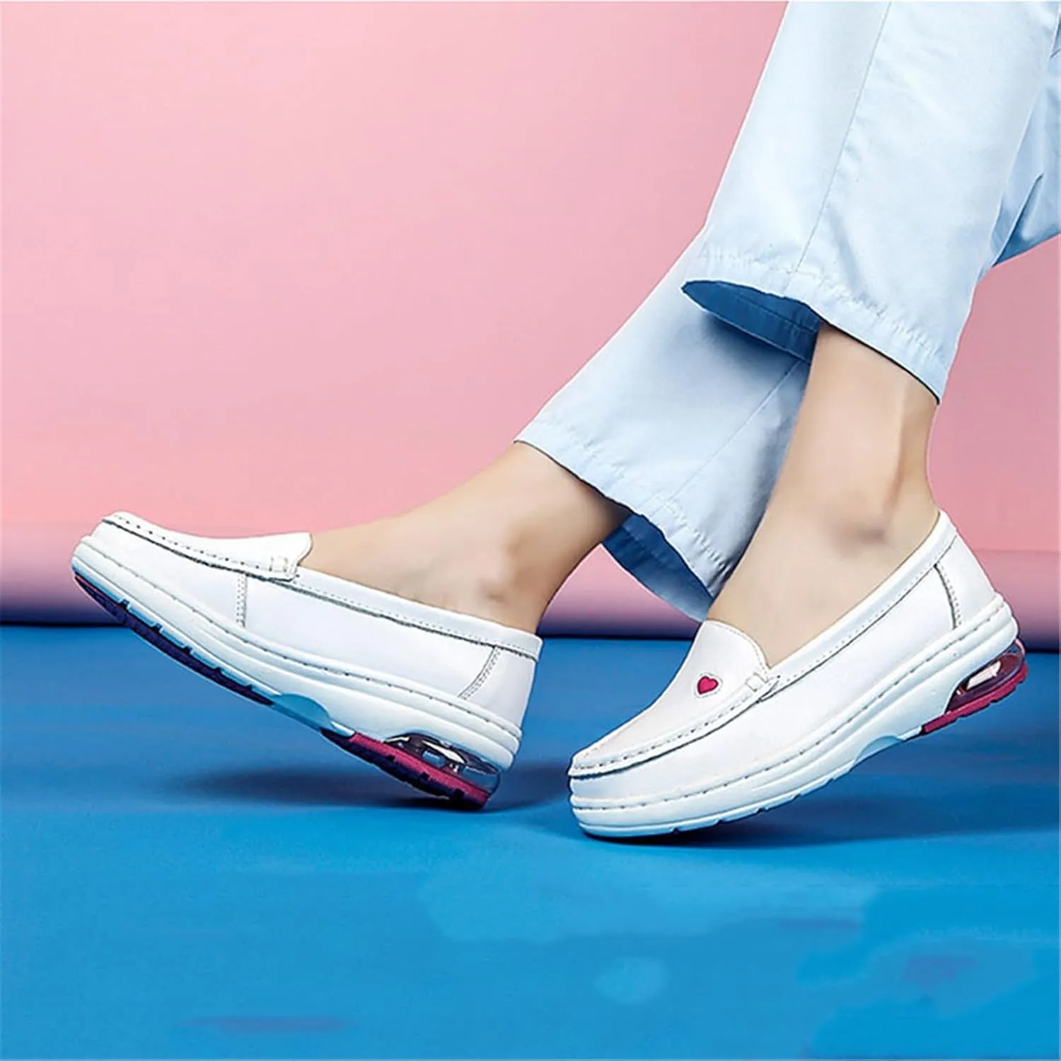 Women's Comfortable Air Cushion Slip on Working Leather Nurse Shoes, Slip Resistant Arch Support Breathable Moccasins Shoes, Non Tiring Feet Comfortable Loafers, for Doctors Work