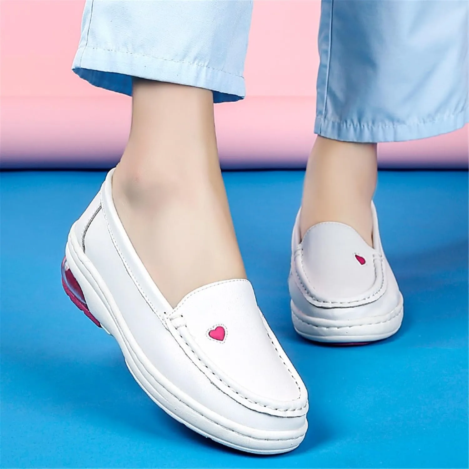 Women's Comfortable Air Cushion Slip on Working Leather Nurse Shoes, Slip Resistant Arch Support Breathable Moccasins Shoes, Non Tiring Feet Comfortable Loafers, for Doctors Work